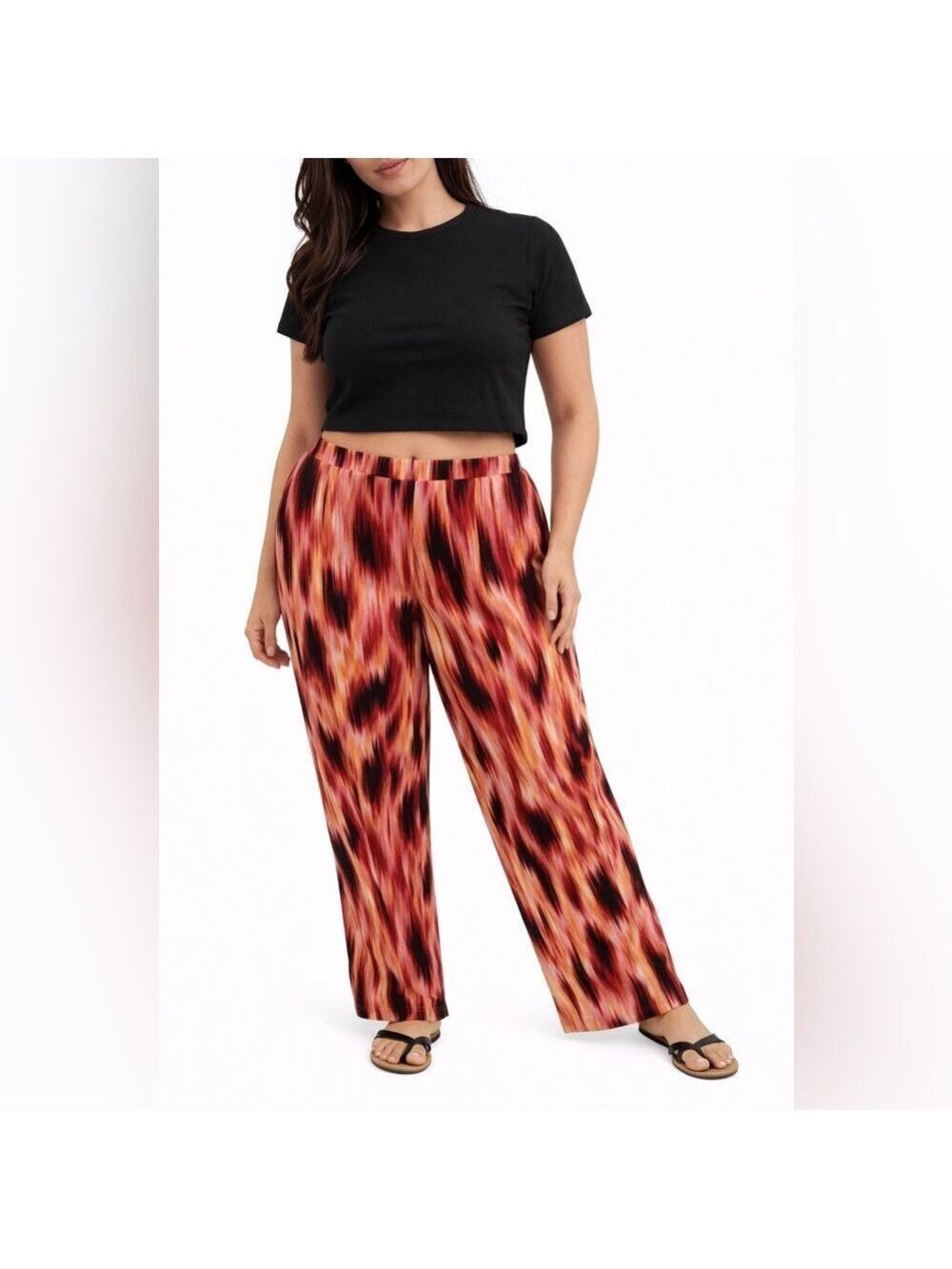 New Directions Woman Plus Size 1X Abstract Print Wide Leg Lounge Pants Stretch